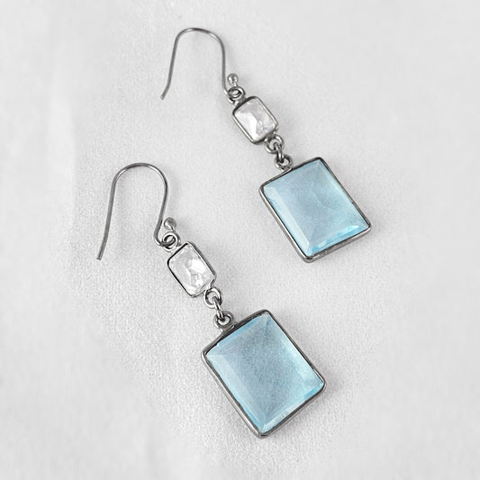 Gunmetal Rectangle Blue Swarovski Crystal Earrings - VBC