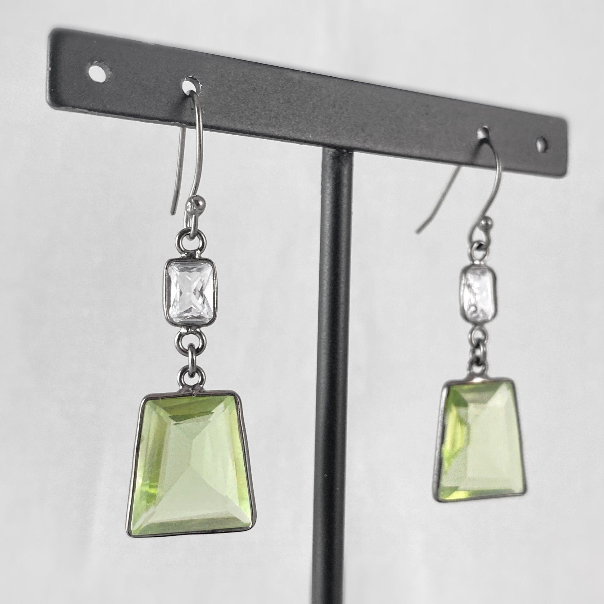 Gunmetal Rectangle Green Swarovski Crystal Earrings VBC