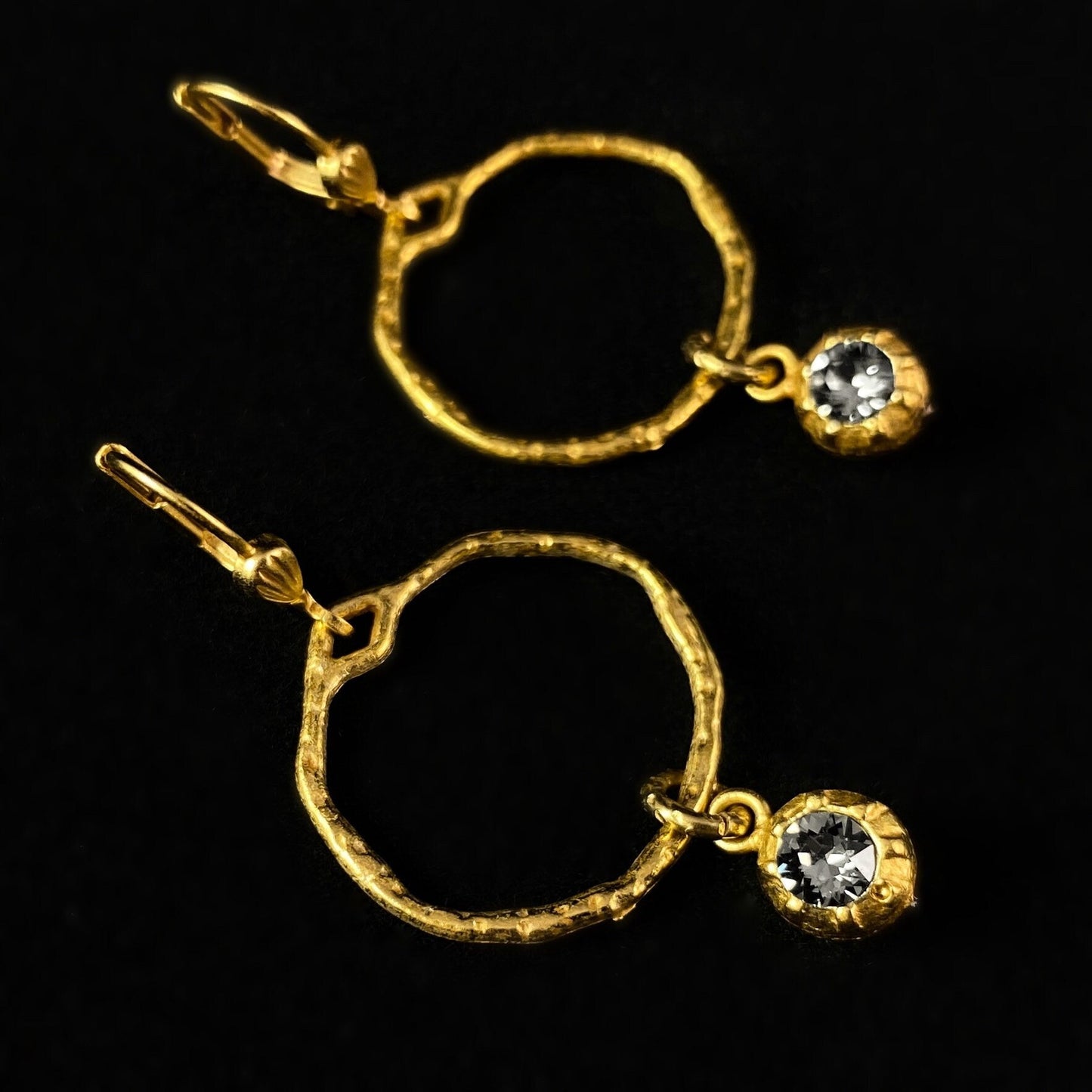 Hammered Gold Hoop with Smoky Clear Swarovski Crystal Earrings - La Vie Parisienne by Catherine Popesco