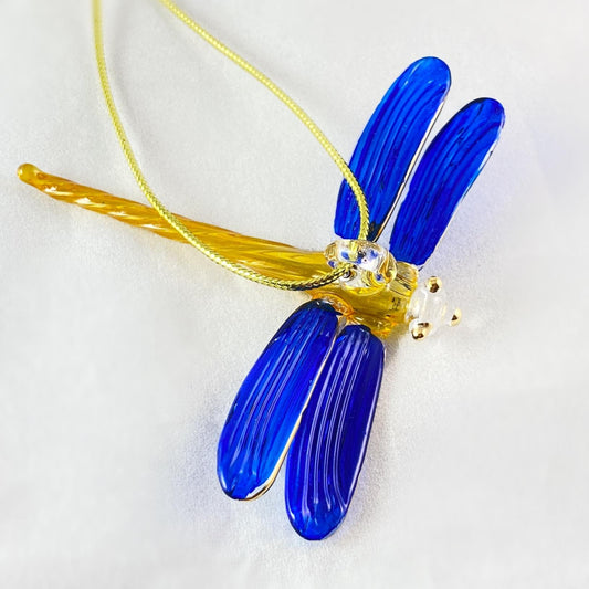 Hand Blown Glass Dragonfly Ornament - Blue/Yellow