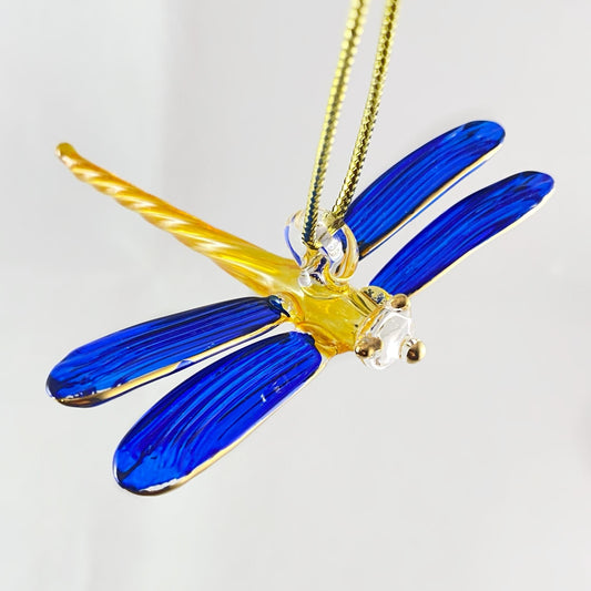 Hand Blown Glass Dragonfly Ornament - Blue/Yellow