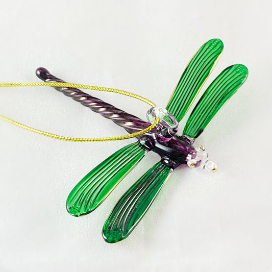 Hand Blown Glass Dragonfly Ornament - Green/Purple