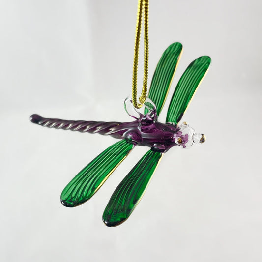 Hand Blown Glass Dragonfly Ornament - Green/Purple