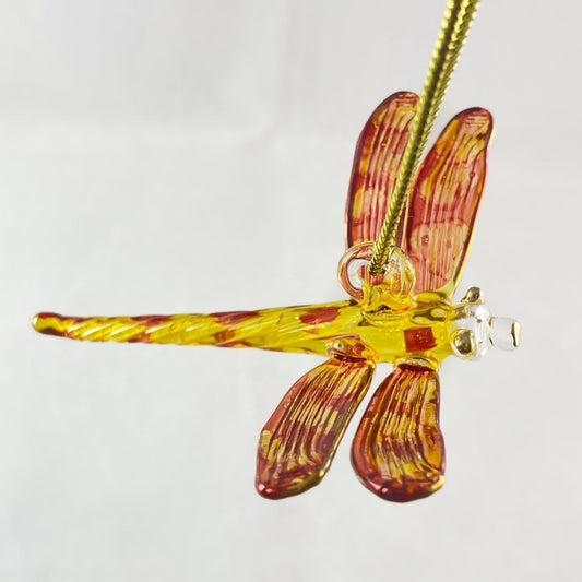 Hand Blown Glass Dragonfly Ornament - Red/Yellow