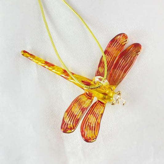 Hand Blown Glass Dragonfly Ornament - Red/Yellow