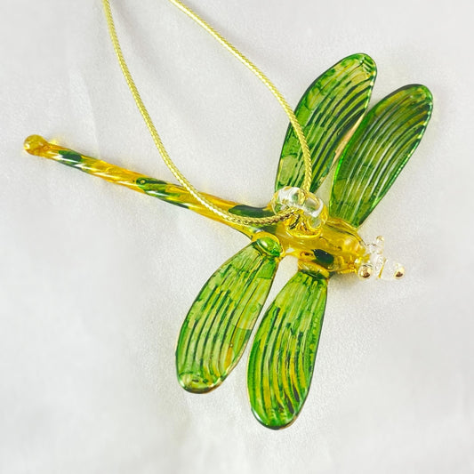 Hand Blown Glass Dragonfly Ornament - Yellow/Green