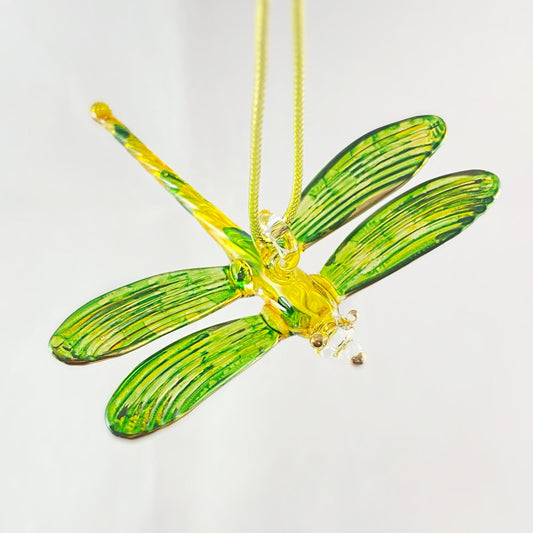 Hand Blown Glass Dragonfly Ornament - Yellow/Green