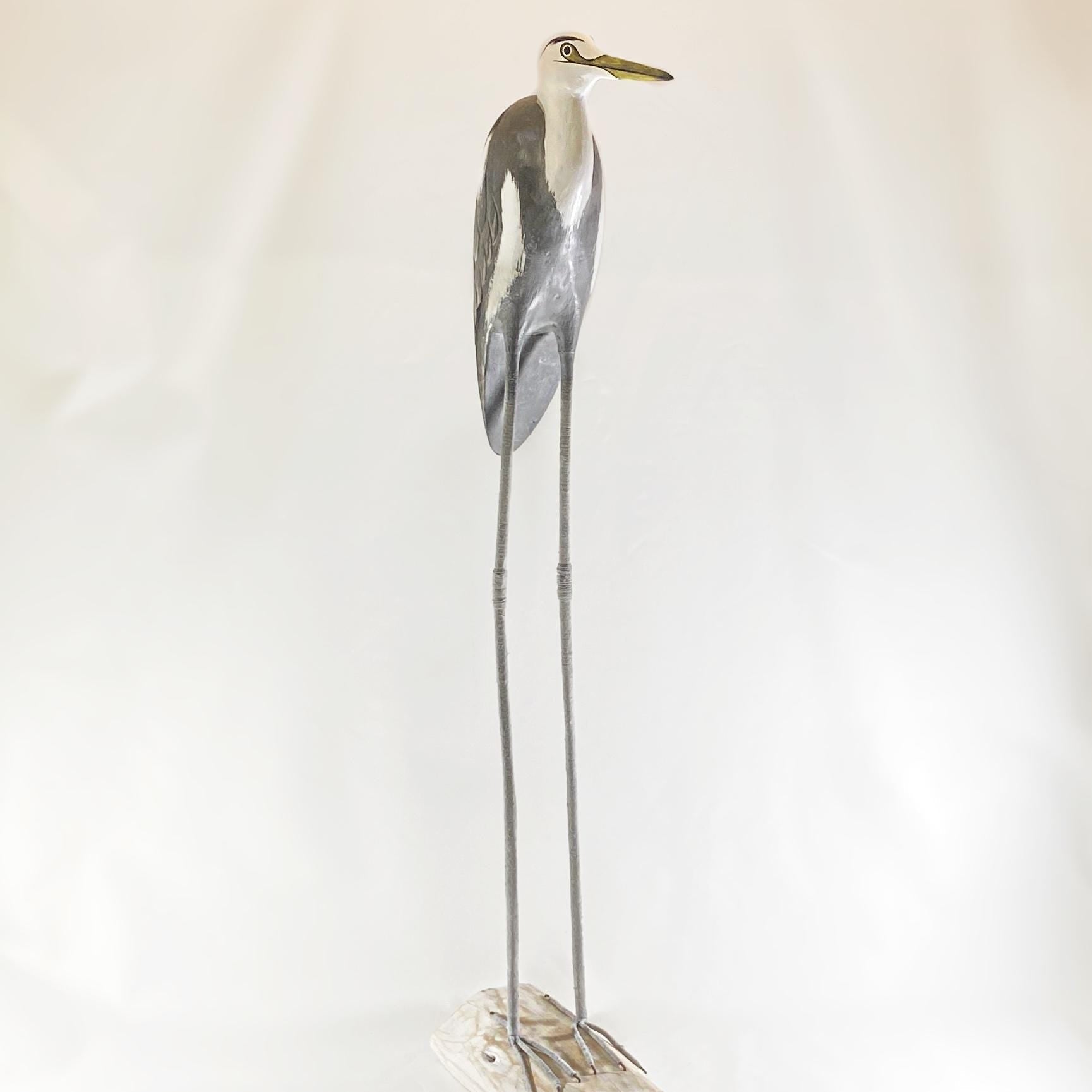 Hand Carved, Hand-painted Tall Wooden Heron