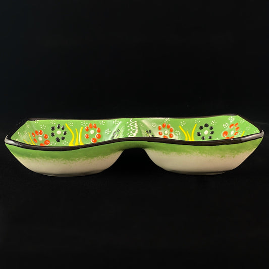 Handmade Double Sided Dip/Snack Tray, Functional and Decorative Turkish Pottery, Cottagecore Style, Green