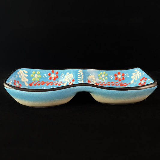 Handmade Double Sided Dip/Snack Tray, Functional and Decorative Turkish Pottery, Cottagecore Style, Light Blue