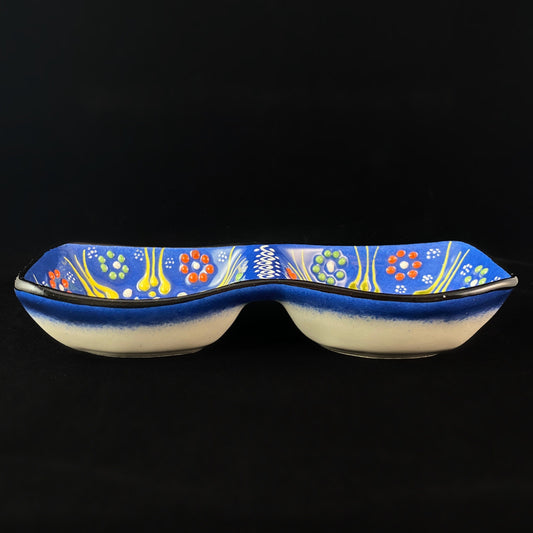 Handmade Double Sided Dip/Snack Tray, Functional and Decorative Turkish Pottery, Cottagecore Style, Blue