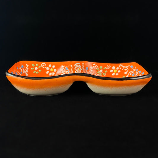 Handmade Double Sided Dip/Snack Tray, Functional and Decorative Turkish Pottery, Cottagecore Style, Orange