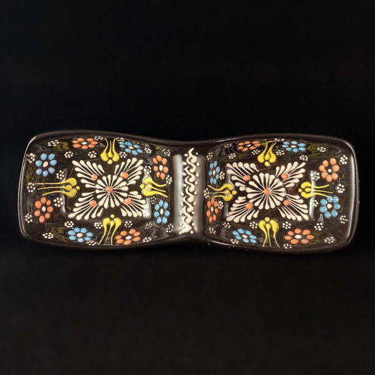 Handmade Double Sided Dip/Snack Tray, Functional and Decorative Turkish Pottery, Cottagecore Style, Black