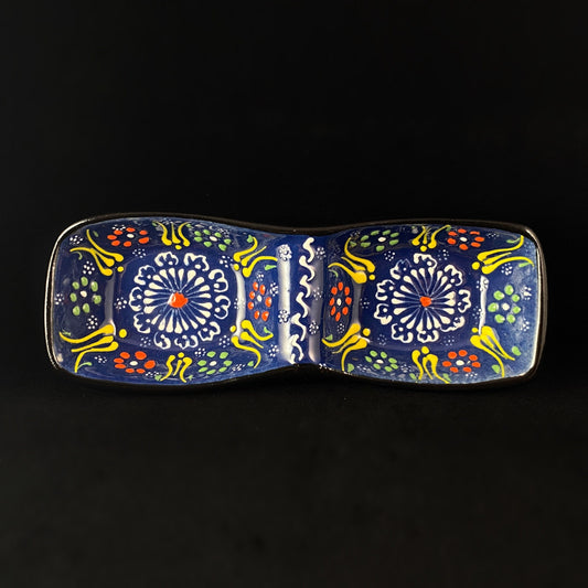 Handmade Double Sided Dip/Snack Tray, Functional and Decorative Turkish Pottery, Cottagecore Style, Blue