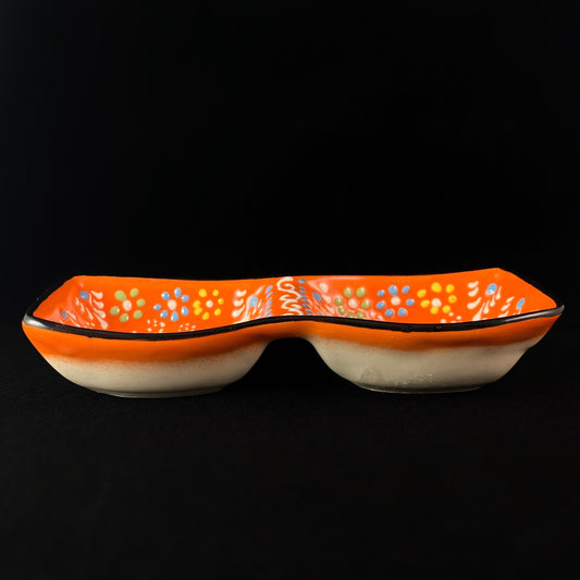 Handmade Double Sided Dip/Snack Tray, Functional and Decorative Turkish Pottery, Cottagecore Style, Orange