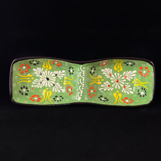 Handmade Double Sided Dip/Snack Tray, Functional and Decorative Turkish Pottery, Cottagecore Style, Green