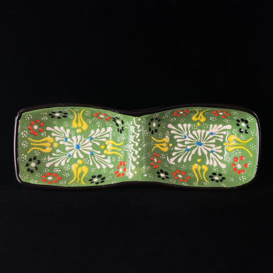 Handmade Double Sided Dip/Snack Tray, Functional and Decorative Turkish Pottery, Cottagecore Style, Green