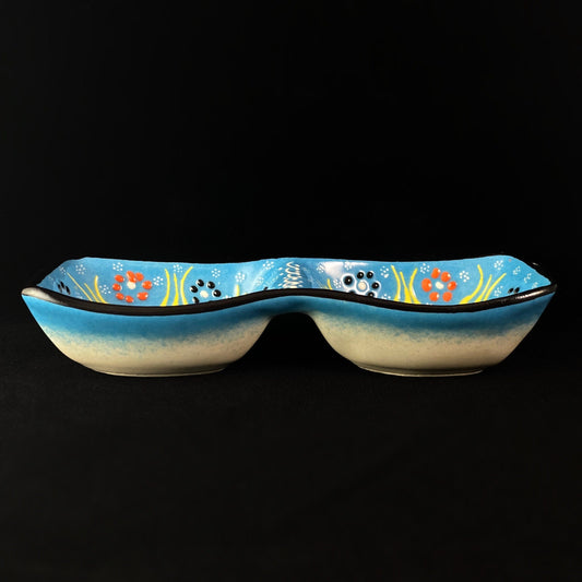 Handmade Double Sided Dip/Snack Tray, Functional and Decorative Turkish Pottery, Cottagecore Style, Light Blue