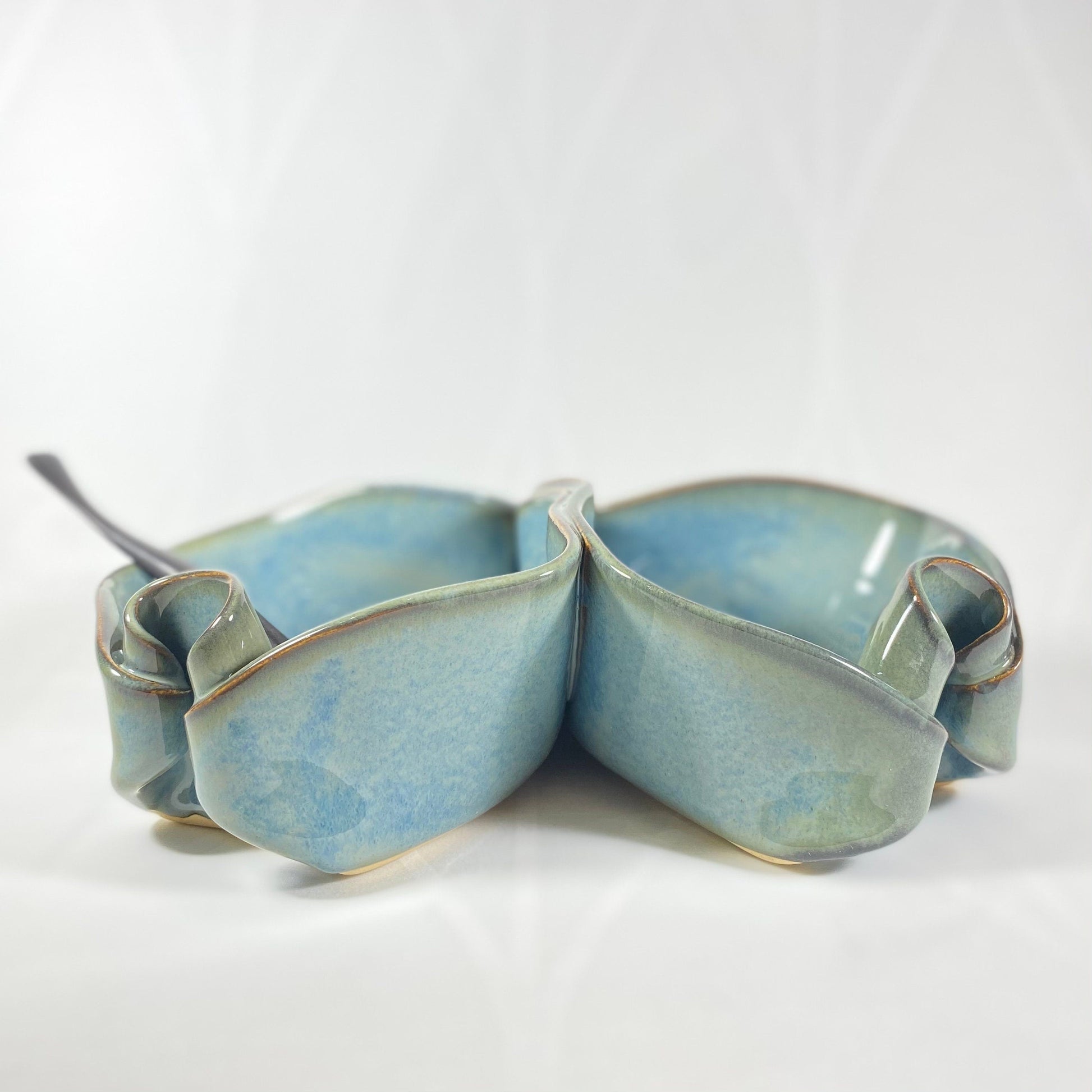 Handmade Light Blue Double Sided Bowl with Serving Spoon, Functional and Decorative Pottery