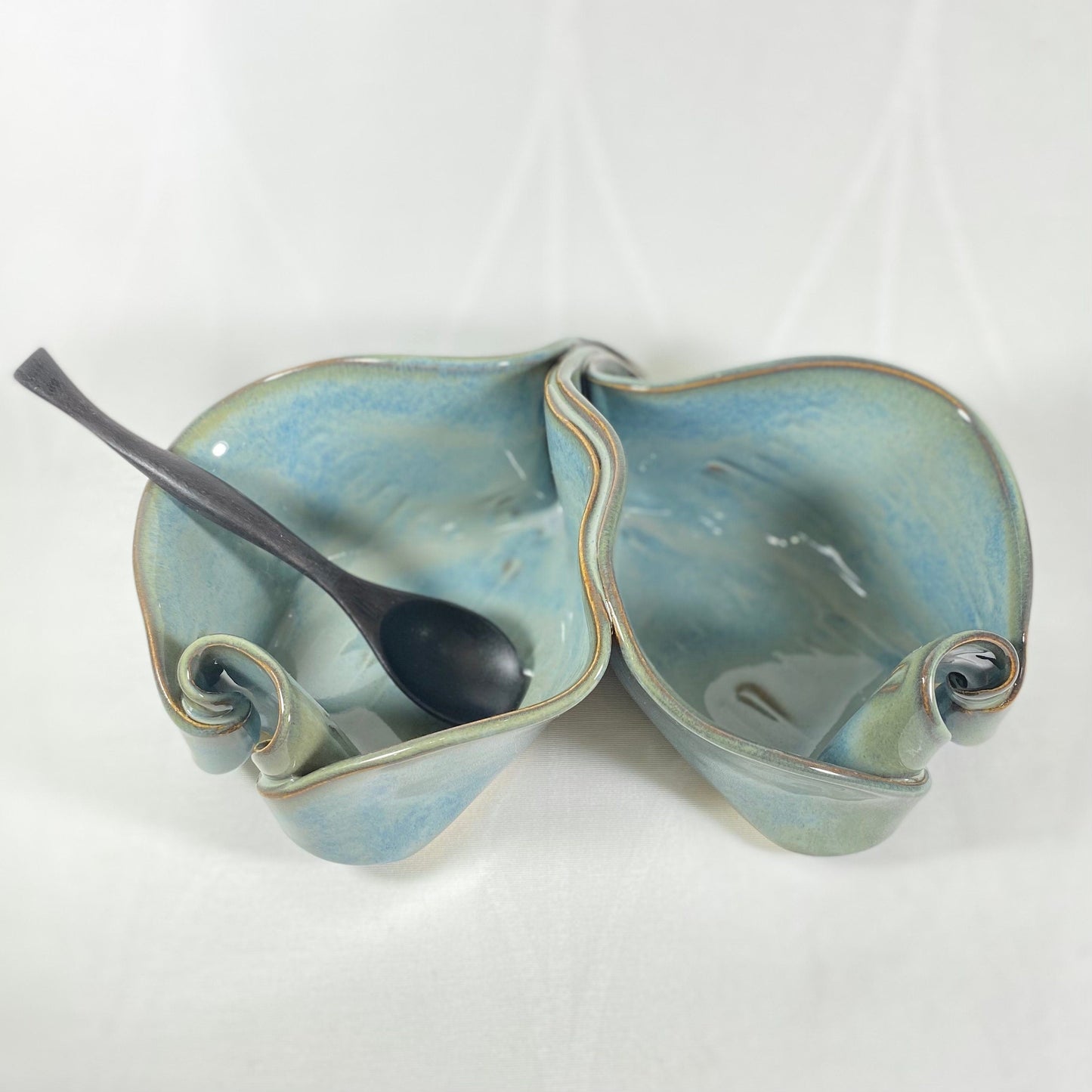 Handmade Light Blue Double Sided Bowl with Serving Spoon, Functional and Decorative Pottery