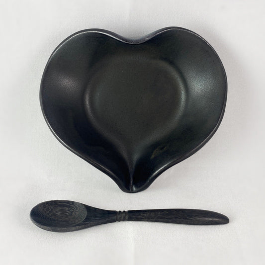 Handmade Ebony Heart Dish with Serving Spoon, Functional and Decorative Pottery