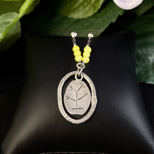 Handmade Etched Oval Pendant Necklace with Yellow Beads, Made in USA
