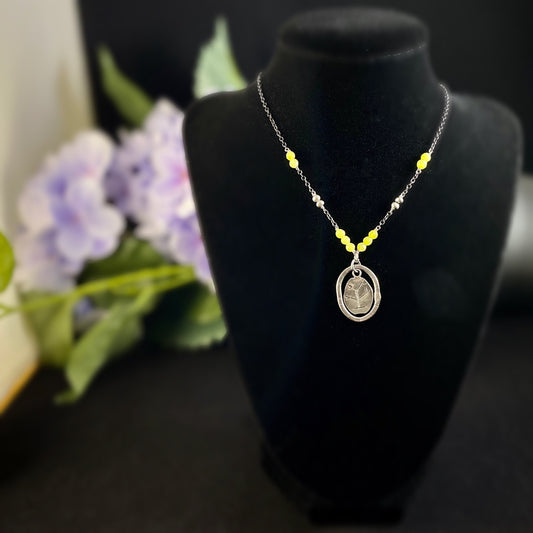 Handmade Etched Oval Pendant Necklace with Yellow Beads, Made in USA