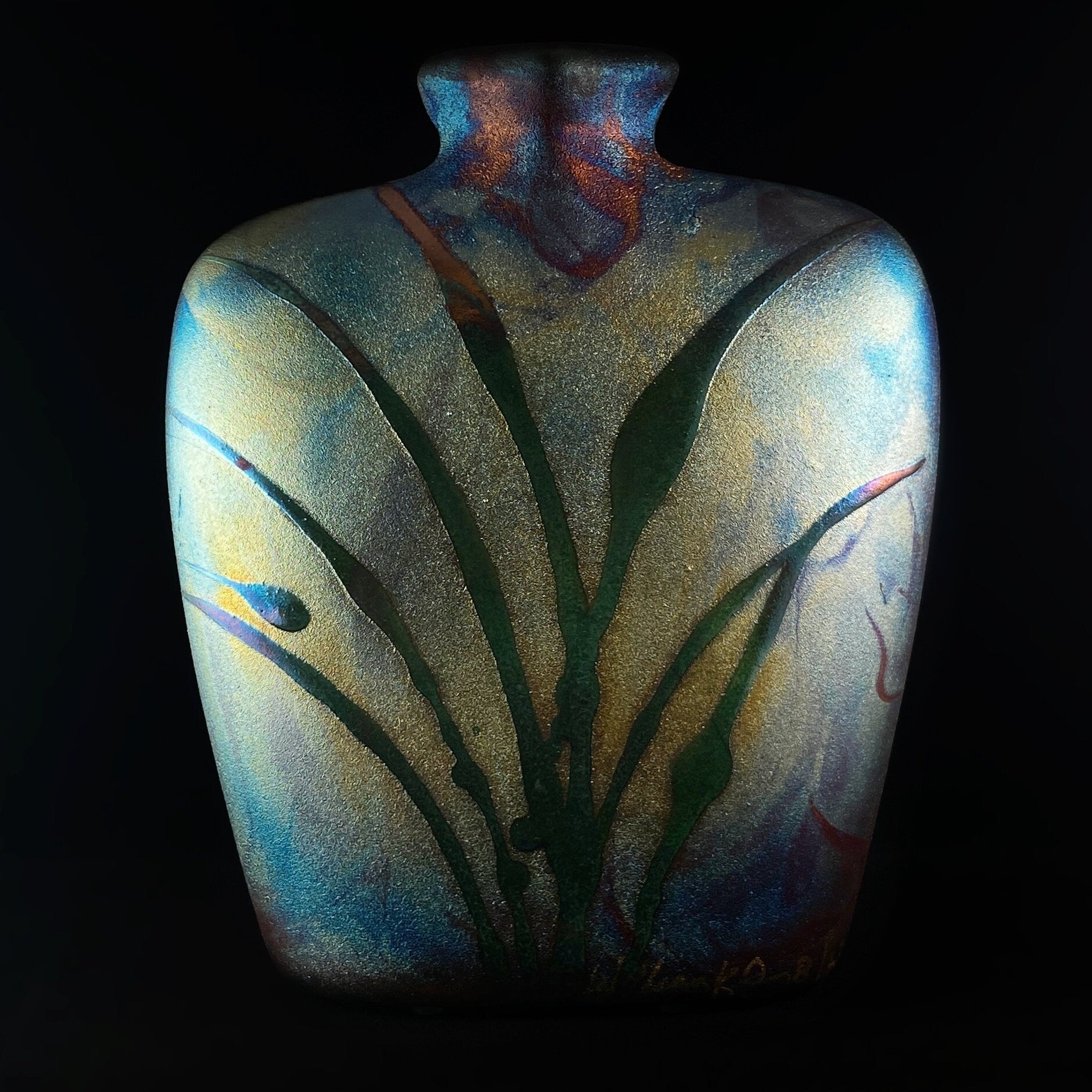 Handmade Flask Vase, Raku Art Pottery, Decorative Pottery