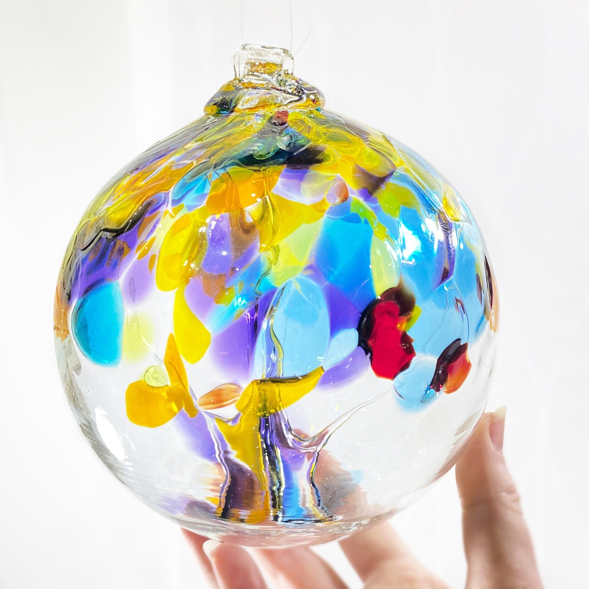 Handmade Glass Art 6” Globe Ornament - Tree of Happiness