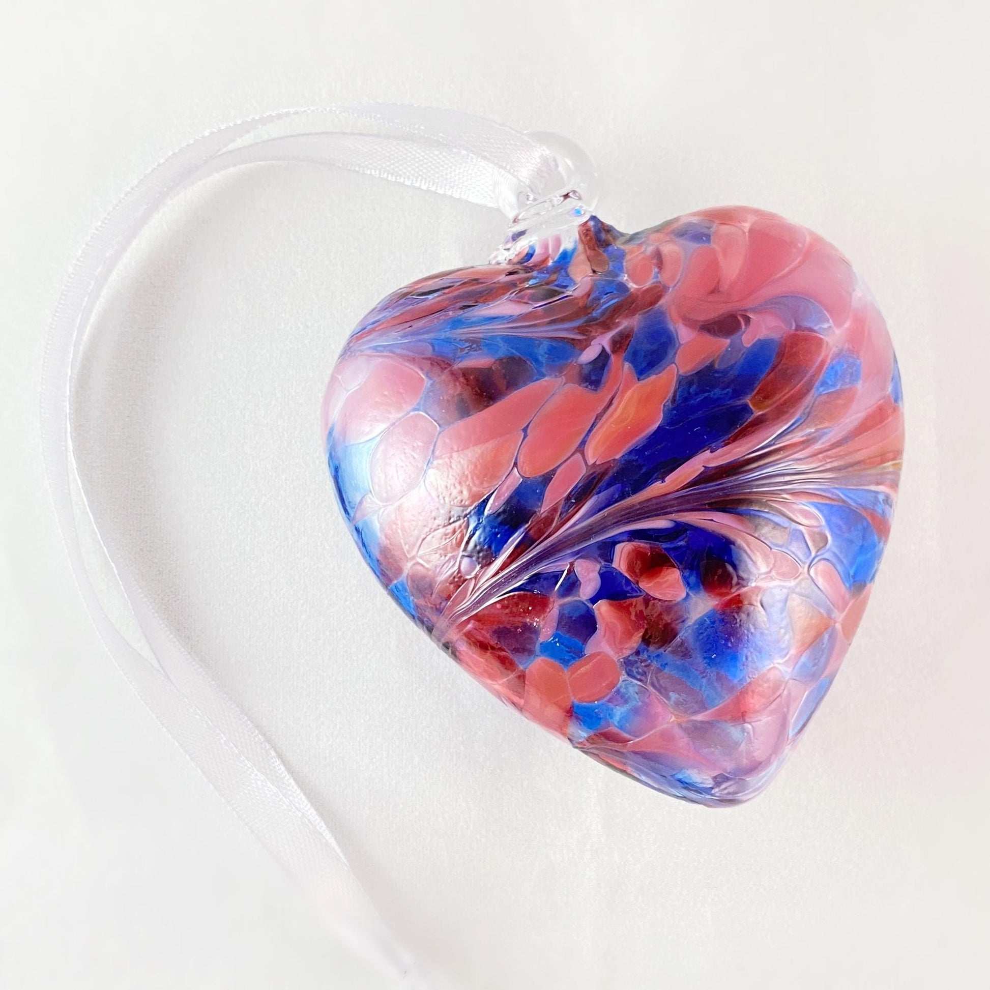 Handmade Glass Friendship Heart Ornament - Blue and Pink