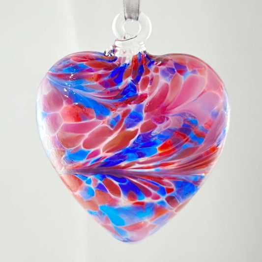 Handmade Glass Friendship Heart Ornament - Blue and Pink