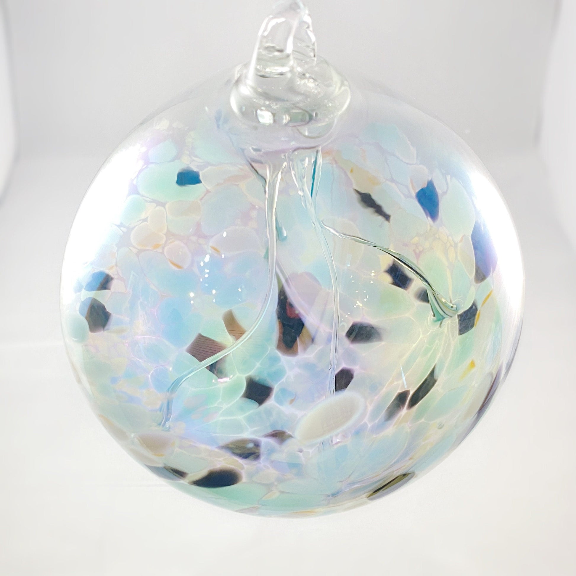 Handmade Glass Witches Ball, #15 - Iridescent Mint/Black/White