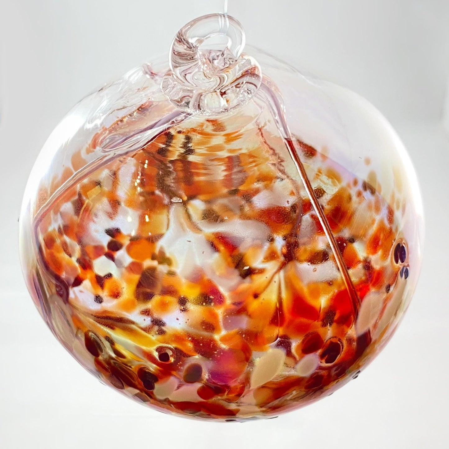 Handmade Glass Witches Ball, #26 - Iridescent Red/Orange and White