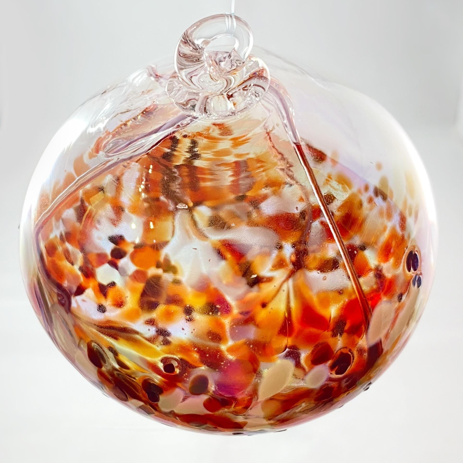 Handmade Glass Witches Ball, #26 - Iridescent Red/Orange and White