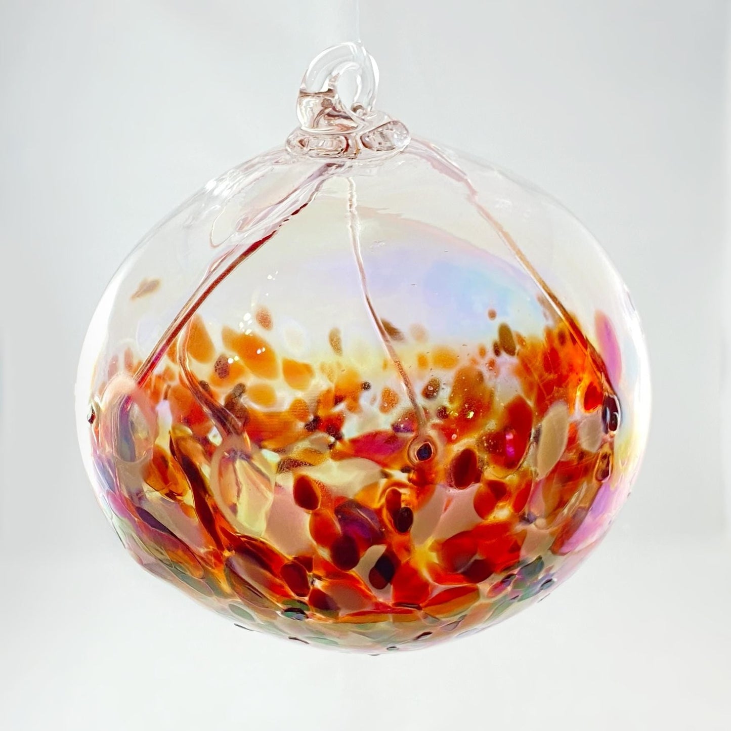 Handmade Glass Witches Ball, #26 - Iridescent Red/Orange and White