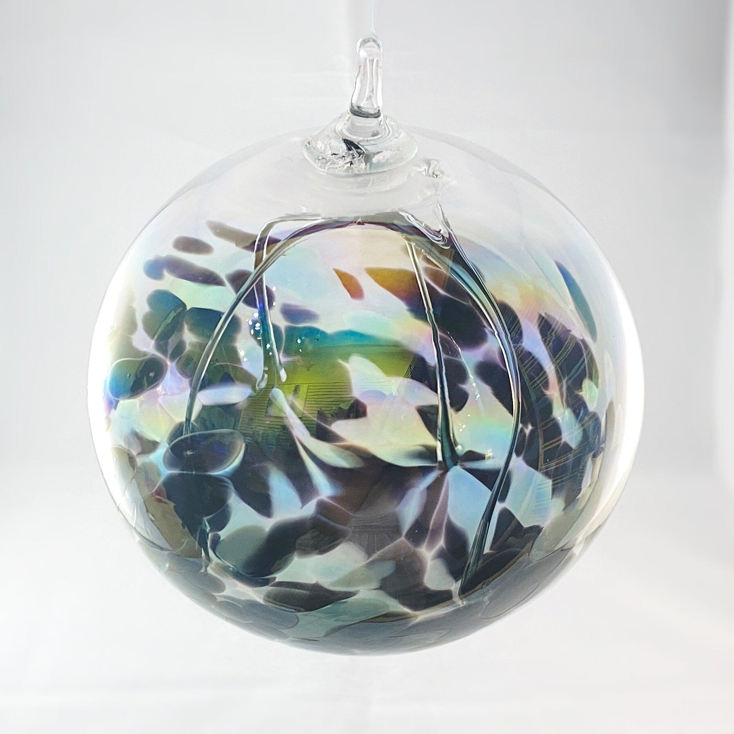 Handmade Glass Witches Ball, #3 - Light Blue/Black (Iridescent)