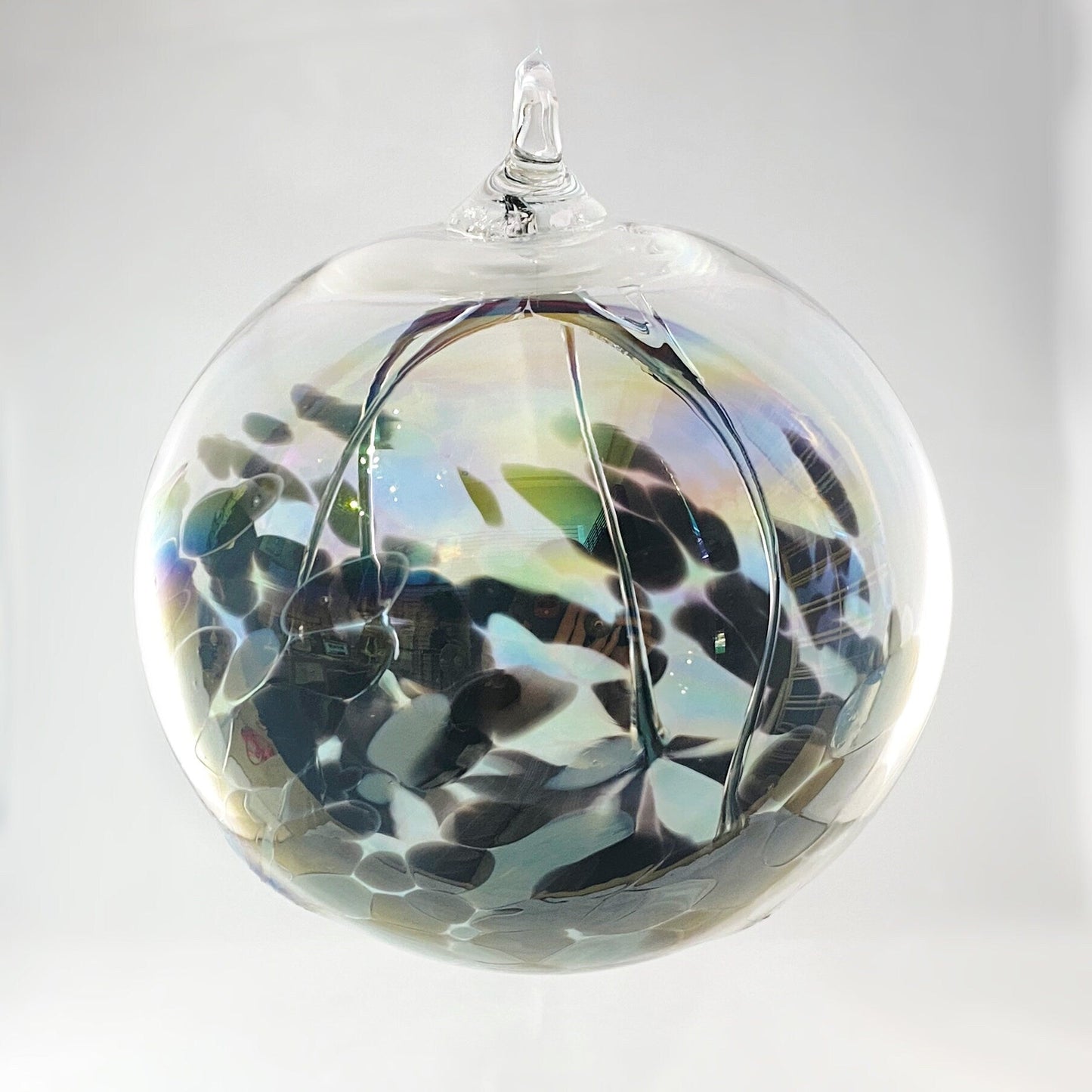 Handmade Glass Witches Ball, #3 - Light Blue/Black (Iridescent)