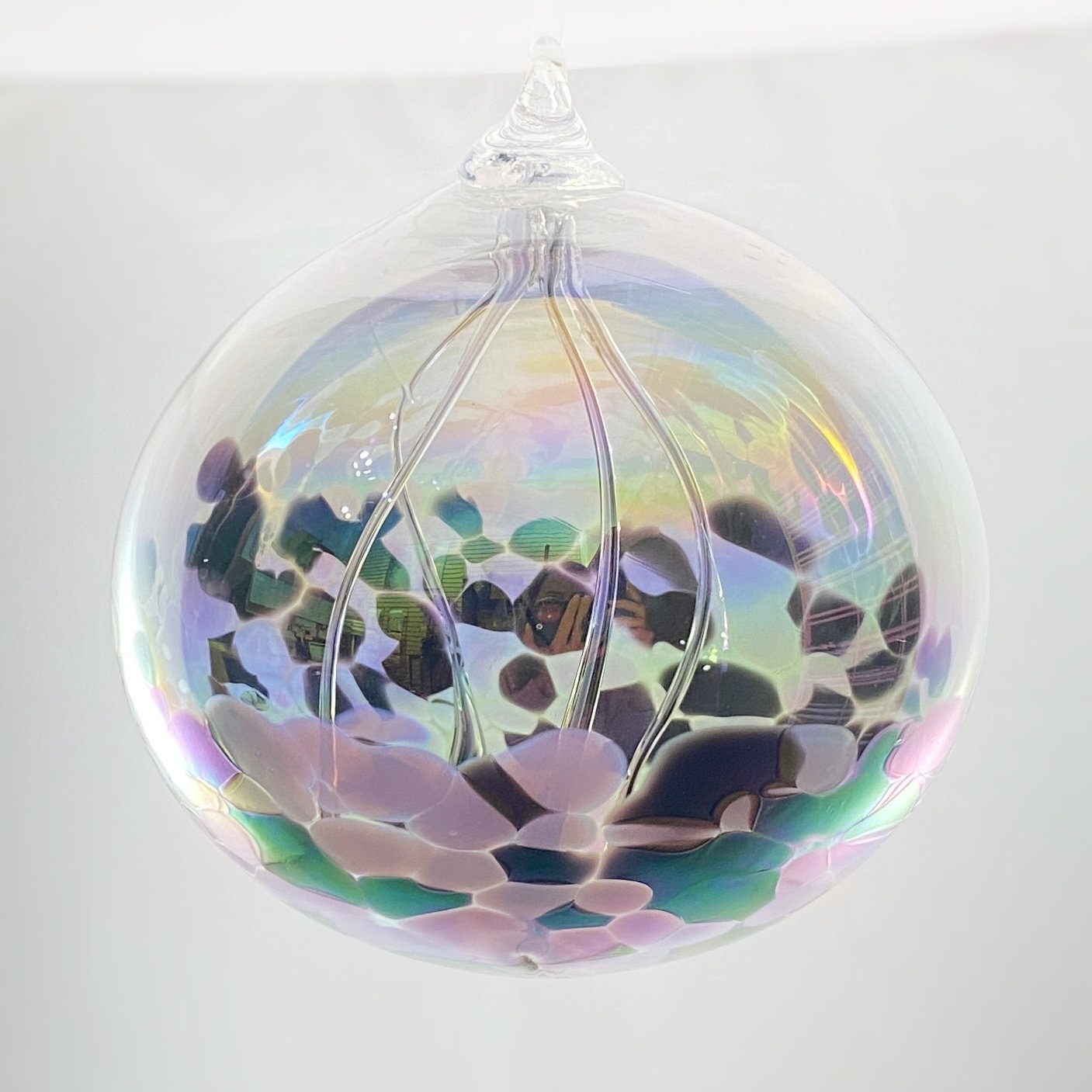 Handmade Glass Witches Ball - Pink/Black (Iridescent)