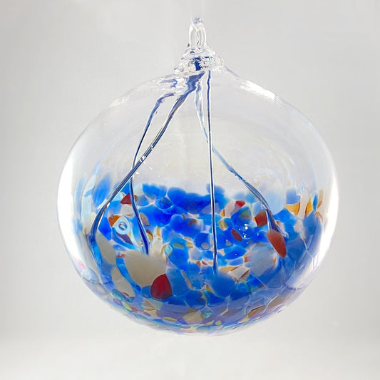 Handmade Glass Witches Ball - Blue w/ Orange Flecks (Slight Iridescence)