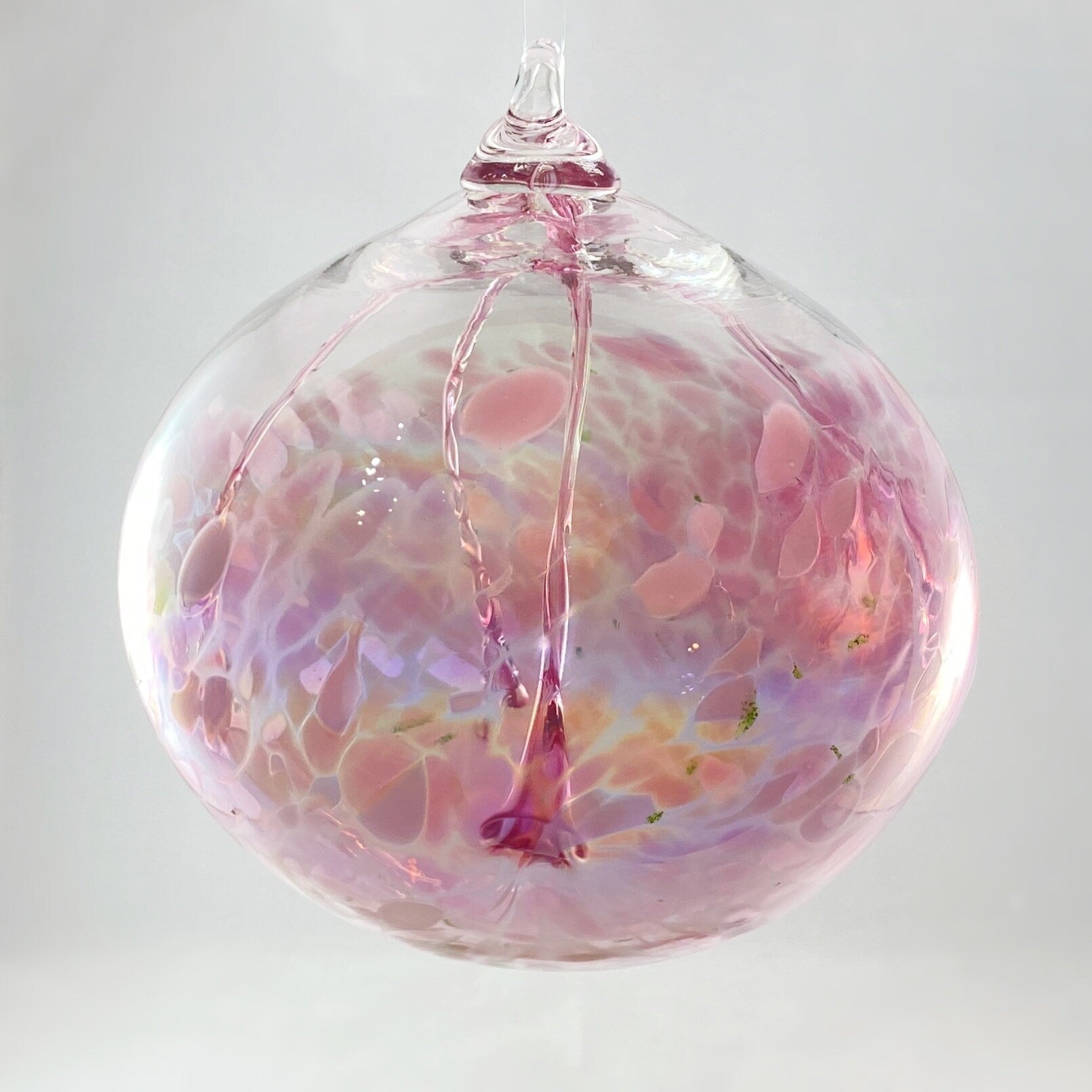 Handmade Glass Witches Ball - Pink w/ Green Flecks (Slight Iridescence)