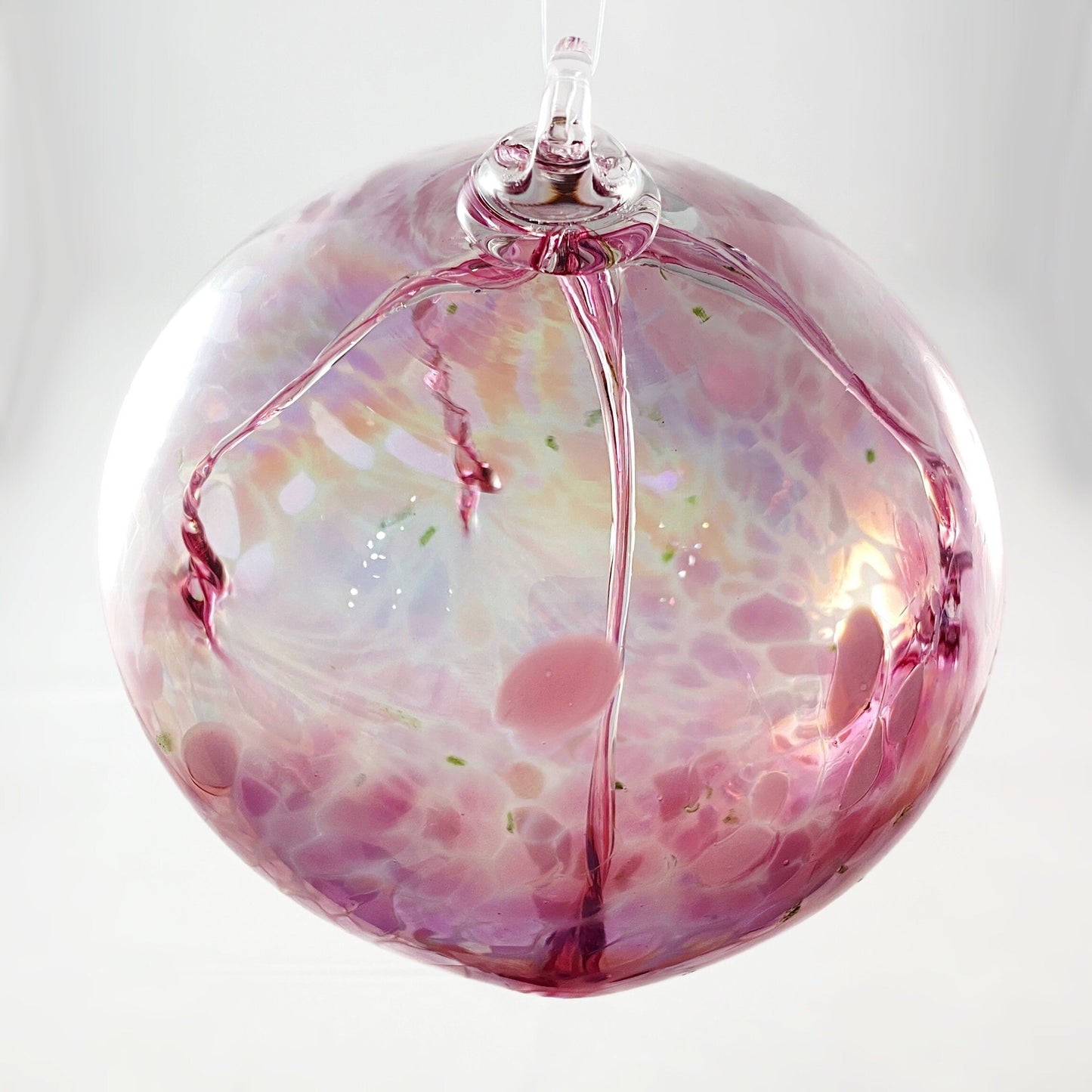 Handmade Glass Witches Ball - Pink w/ Green Flecks (Slight Iridescence)