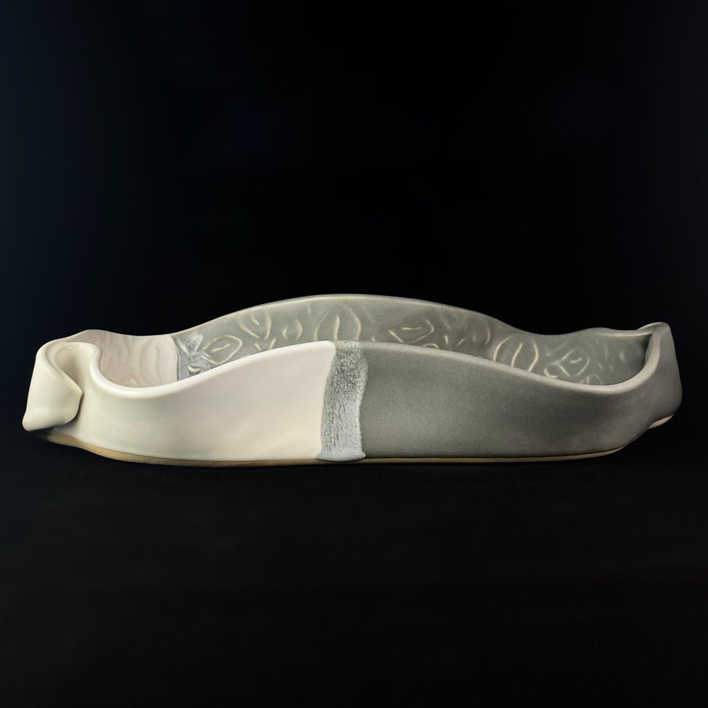 Handmade Gray and White Asparagus Dish with Spoon, Functional and Decorative Pottery