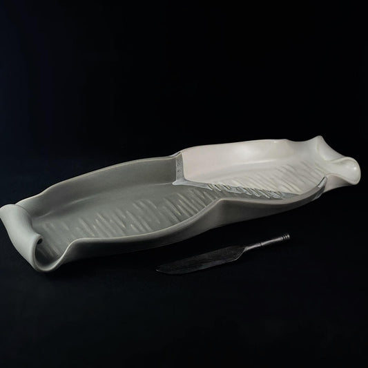 Handmade Gray and White Baguette Tray with Small Knife, Functional and Decorative Pottery