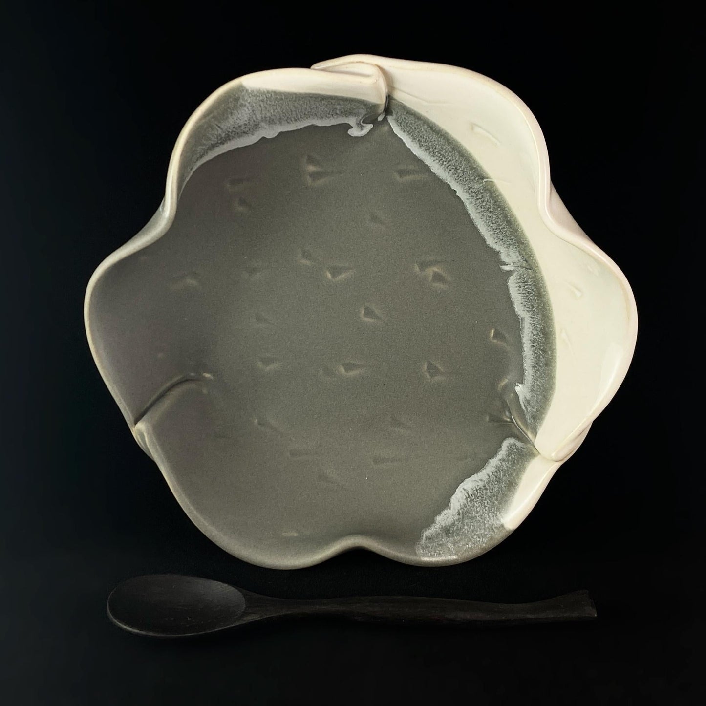 Handmade Gray and White Brie Dish with Spoon, Functional and Decorative Pottery