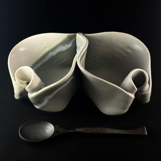 Handmade Gray and White Double Sided Pistachio Bowl with Serving Spoon, Functional and Decorative Pottery