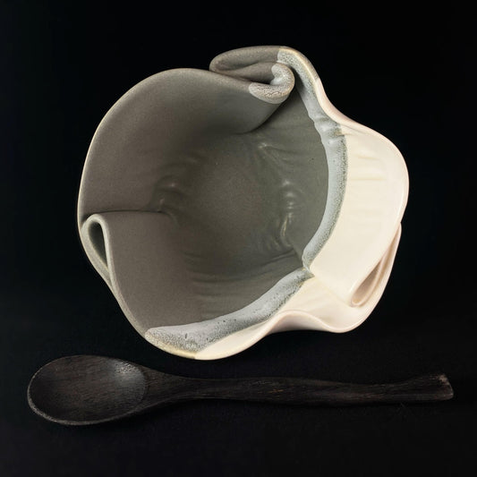 Handmade Gray and White Guacamole Bowl with Serving Spoon, Functional and Decorative Pottery