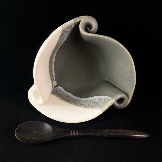 Handmade Gray and White Mustard Pot with Serving Spoon, Functional and Decorative Pottery