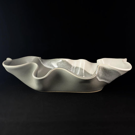 Handmade Gray and White Oblong Bowl with Spoon, Functional and Decorative Pottery