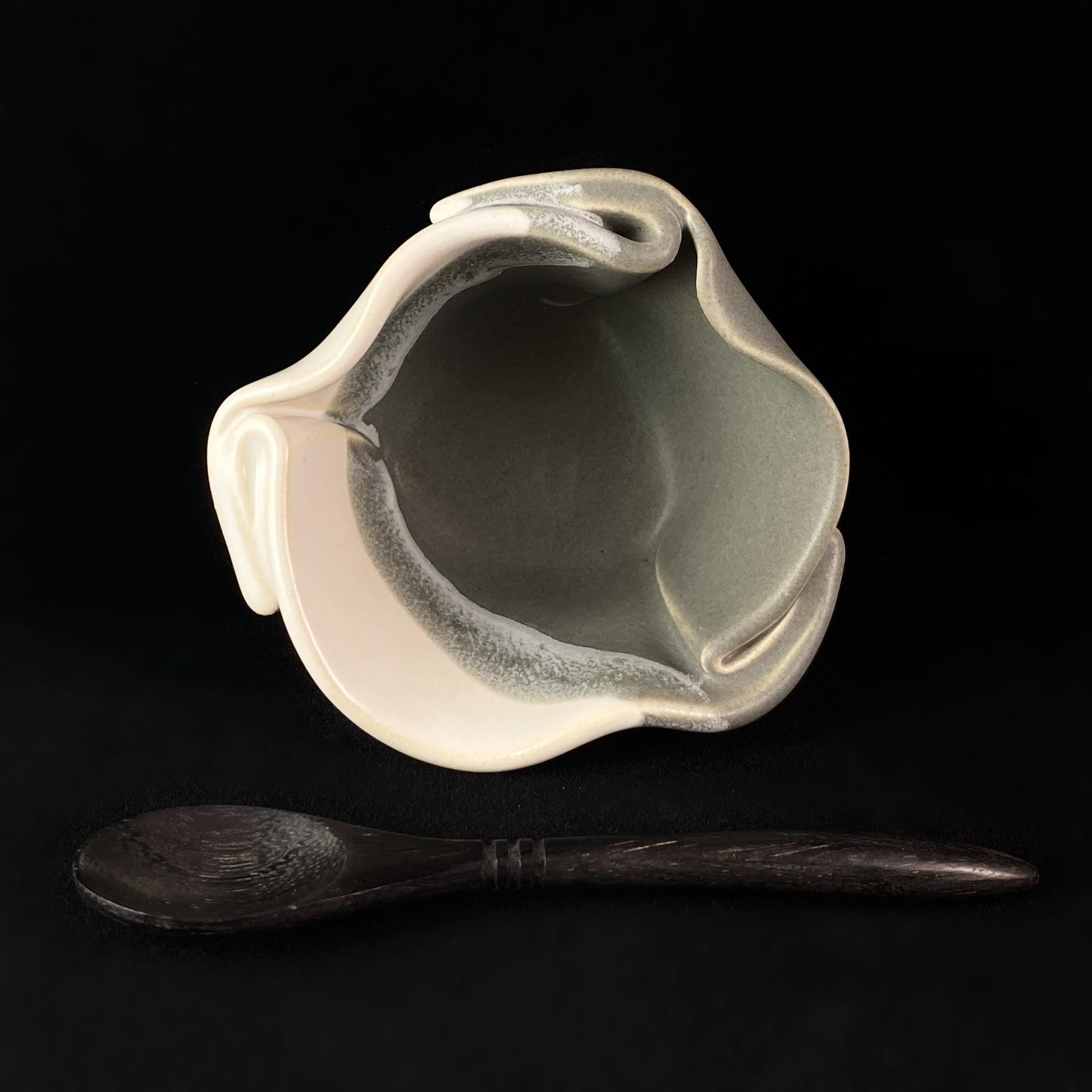 Handmade Gray and White Tiny Pot with Serving Spoon, Functional and Decorative Pottery