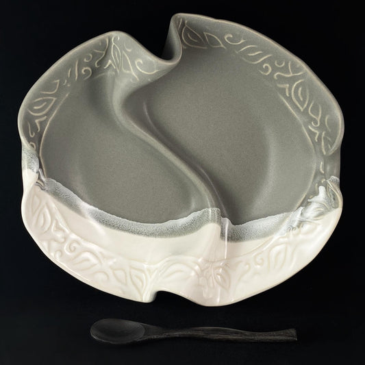 Handmade Gray and White Two Sided Condiment Dish with Spoon, Functional and Decorative Pottery